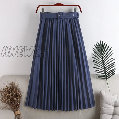 Hnewly New High Waist Women's Pleated Skirts with Belted Spring Summer Minimalism Elegant Office Female Mi-long Skirt Saia