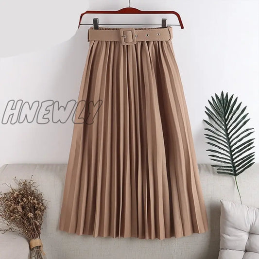 Hnewly New High Waist Women's Pleated Skirts with Belted Spring Summer Minimalism Elegant Office Female Mi-long Skirt Saia