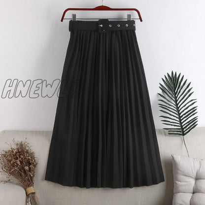 Hnewly New High Waist Women's Pleated Skirts with Belted Spring Summer Minimalism Elegant Office Female Mi-long Skirt Saia