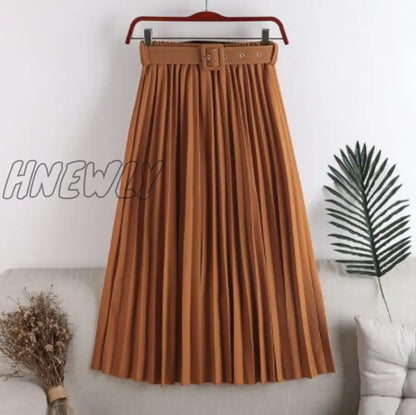 Hnewly New High Waist Women's Pleated Skirts with Belted Spring Summer Minimalism Elegant Office Female Mi-long Skirt Saia