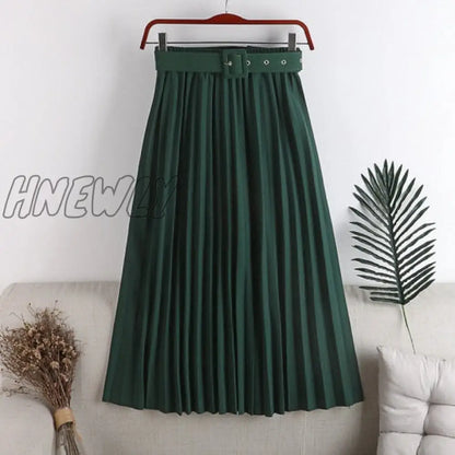 Hnewly New High Waist Women's Pleated Skirts with Belted Spring Summer Minimalism Elegant Office Female Mi-long Skirt Saia