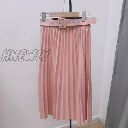 Hnewly New High Waist Women's Pleated Skirts with Belted Spring Summer Minimalism Elegant Office Female Mi-long Skirt Saia