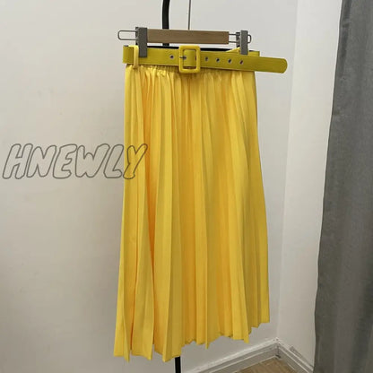 Hnewly New High Waist Women's Pleated Skirts with Belted Spring Summer Minimalism Elegant Office Female Mi-long Skirt Saia