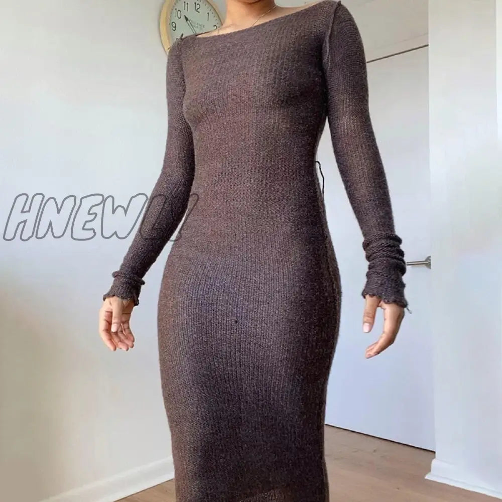 xsrrr New Knitted Bodycon Dress Fairy Grunge Casual Fashion Streetwear Women Autumn Y2K Solid O-neck Long Sleeve Maxi Dresses