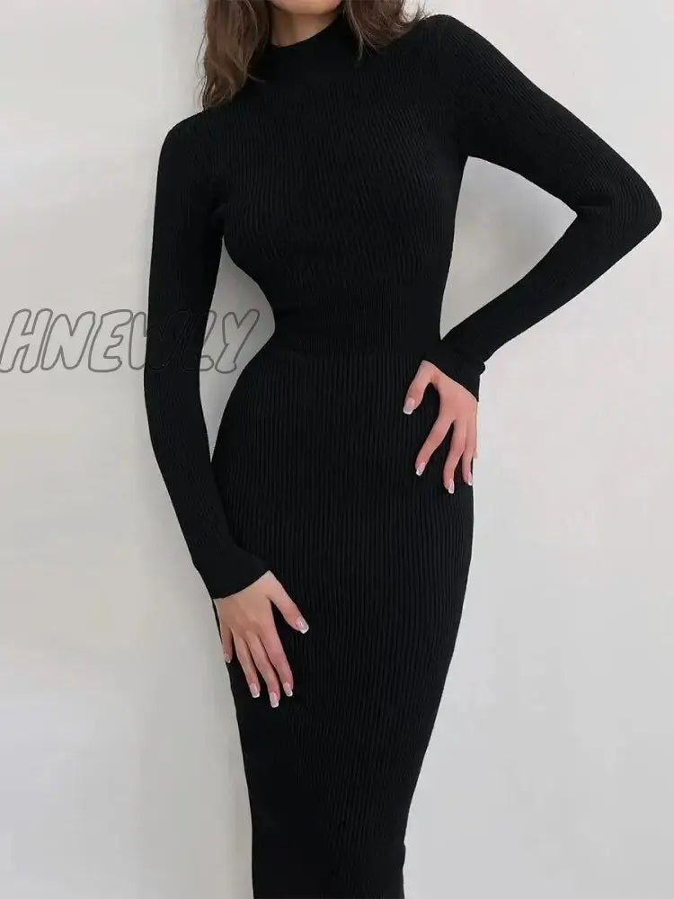 xsrrr New Knitted Bodycon Dress Fairy Grunge Casual Fashion Streetwear Women Autumn Y2K Solid O-neck Long Sleeve Maxi Dresses