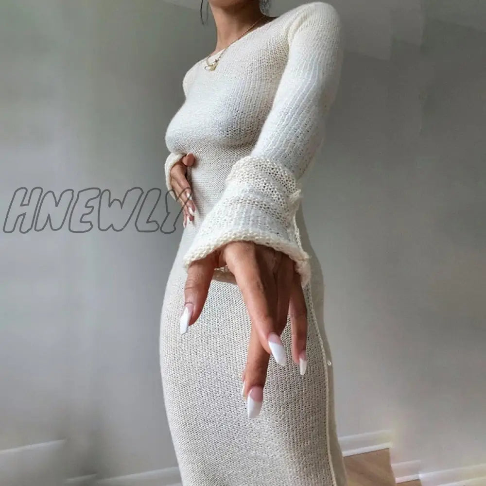 xsrrr New Knitted Bodycon Dress Fairy Grunge Casual Fashion Streetwear Women Autumn Y2K Solid O-neck Long Sleeve Maxi Dresses