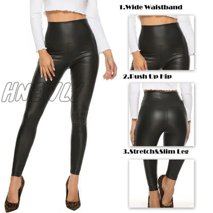 xsrrr New Leather Shiny Sexy Leggings for Women Vadim Summer High Waist Black Stretchy Faux Leather Pant Mujer Leggings Ropa