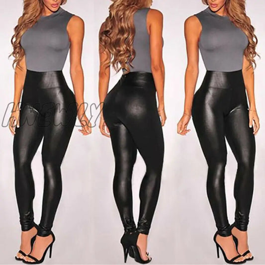 xsrrr New Leather Shiny Sexy Leggings for Women Vadim Summer High Waist Black Stretchy Faux Leather Pant Mujer Leggings Ropa