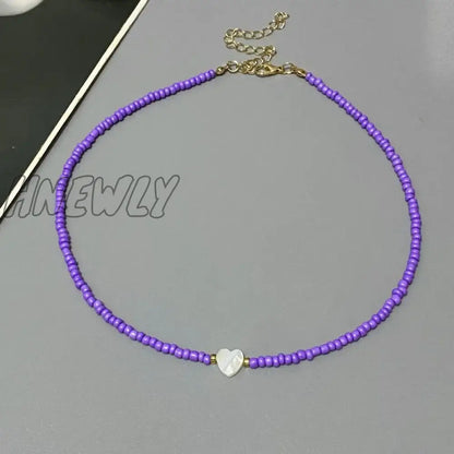 Hnewly New Nature Shell Love Heart Choker Necklace for Girl Spring Summer Fashion Small Colorful Glass Beads Necklace Gift for Friend