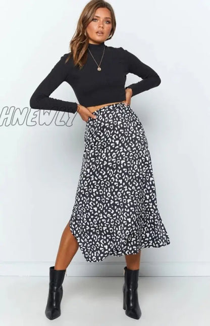 xsrrr New Sexy Leopard Print Chiffon Split Skirt Casual Fashion Long Skirts for Women Spring Summer Zip Elegant Female Skirt