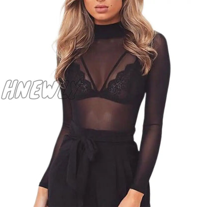 xsrrr New Sexy Mesh Sheer t-shirt Womens Tops See Through Long Sleeve Turtleneck Shirts Female Slim Bodycon Summer Tops Club