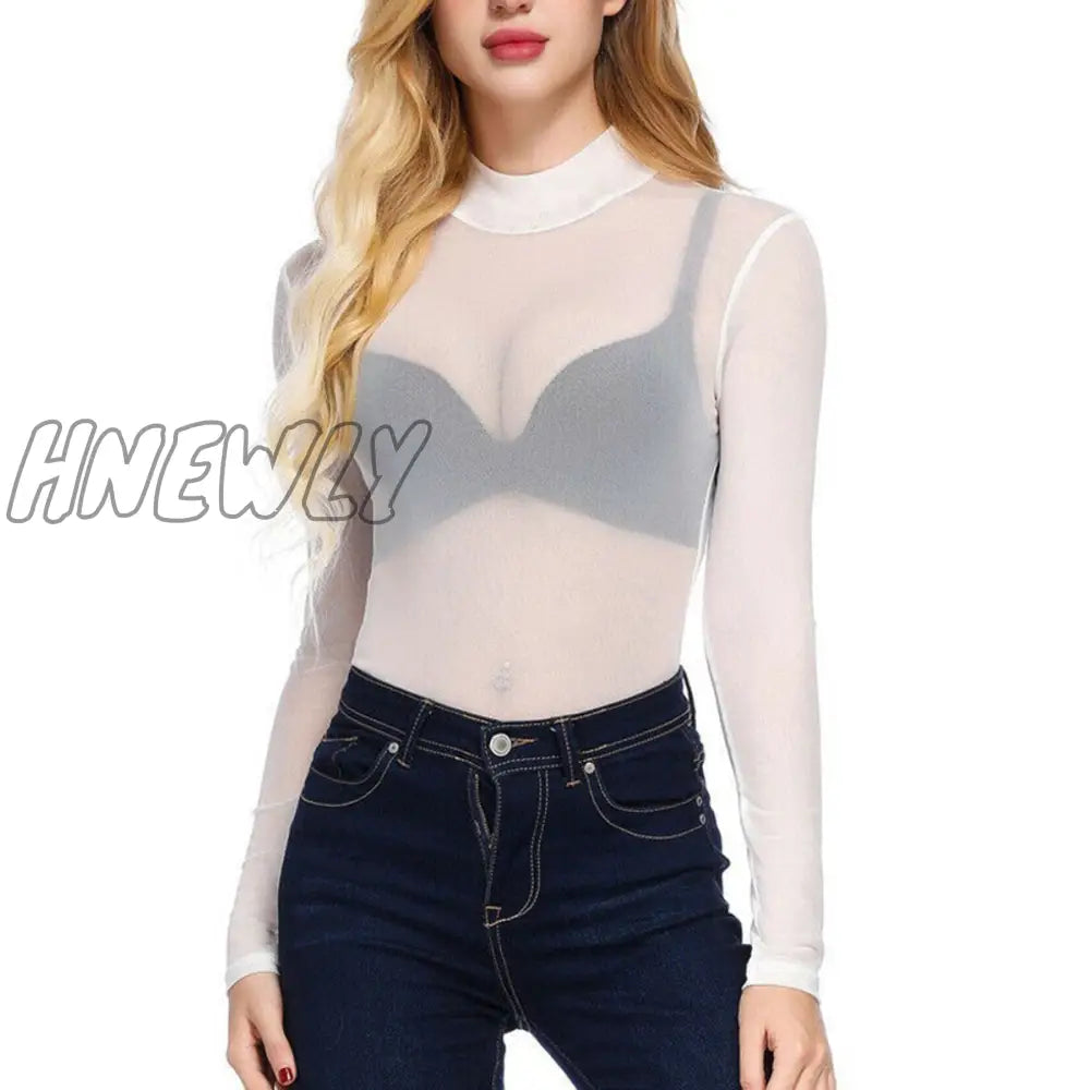 xsrrr New Sexy Mesh Sheer t-shirt Womens Tops See Through Long Sleeve Turtleneck Shirts Female Slim Bodycon Summer Tops Club