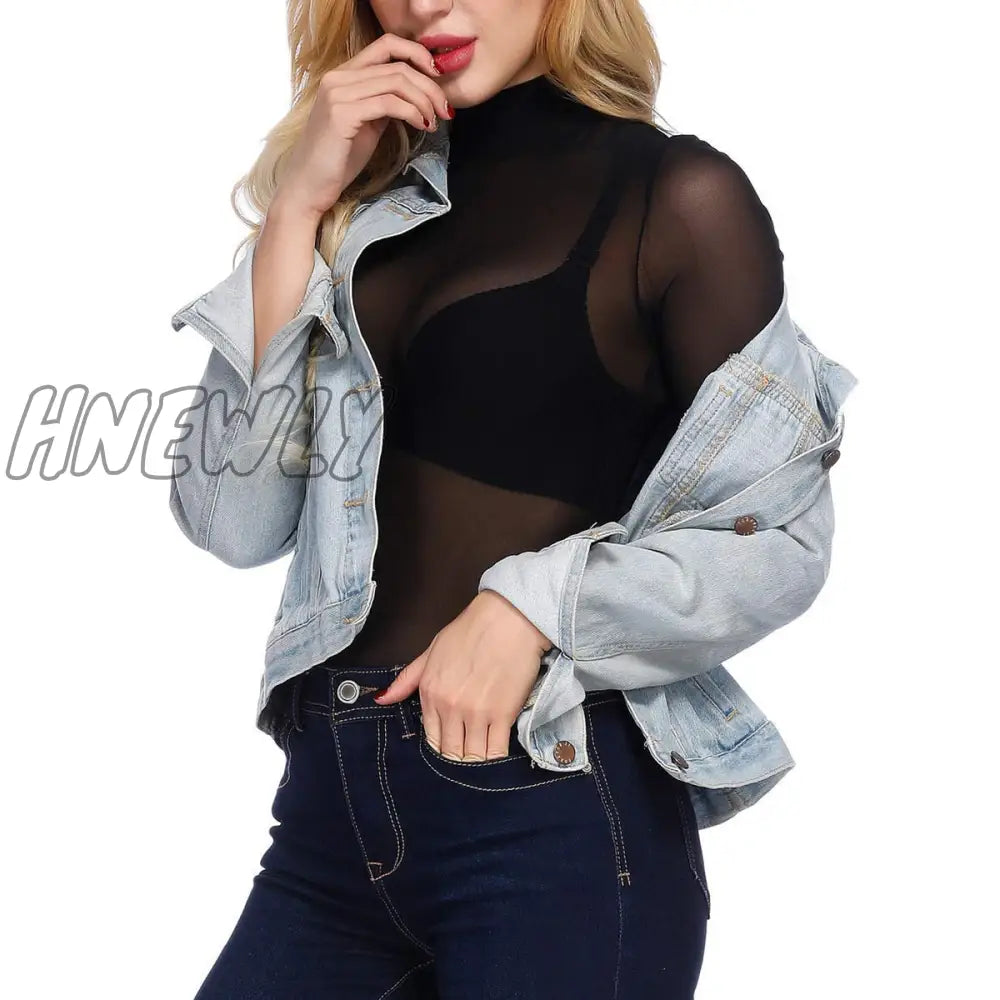 xsrrr New Sexy Mesh Sheer t-shirt Womens Tops See Through Long Sleeve Turtleneck Shirts Female Slim Bodycon Summer Tops Club