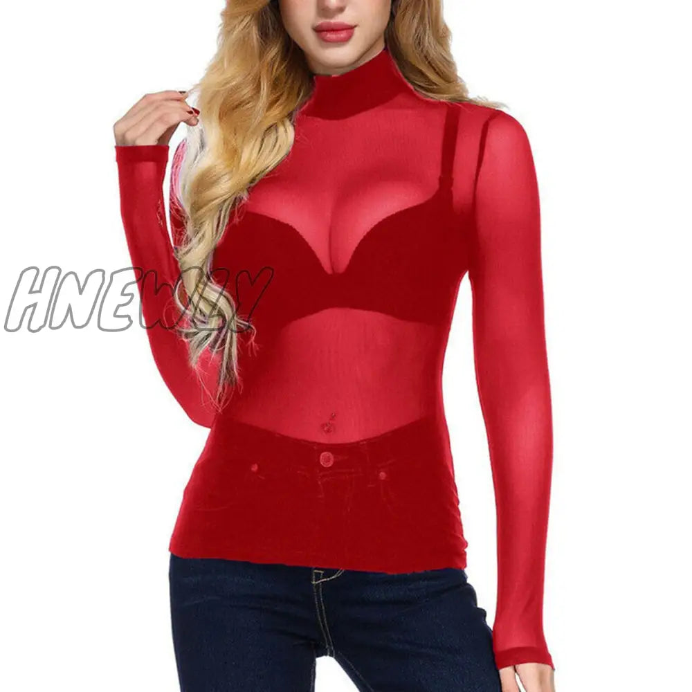 xsrrr New Sexy Mesh Sheer t-shirt Womens Tops See Through Long Sleeve Turtleneck Shirts Female Slim Bodycon Summer Tops Club