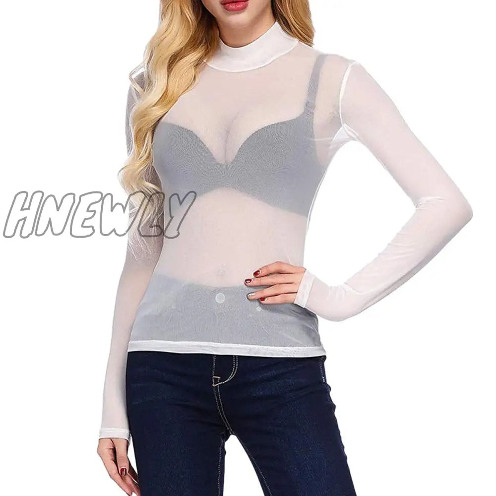 xsrrr New Sexy Mesh Sheer t-shirt Womens Tops See Through Long Sleeve Turtleneck Shirts Female Slim Bodycon Summer Tops Club