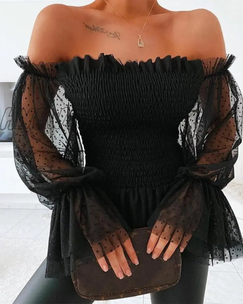 xsrrr New Sexy Off Shoulder Blouse Women Mesh Flare Sleeve Shirts Summer Fashion Sheer Long Sleeve Lace Frill Blouser Tops