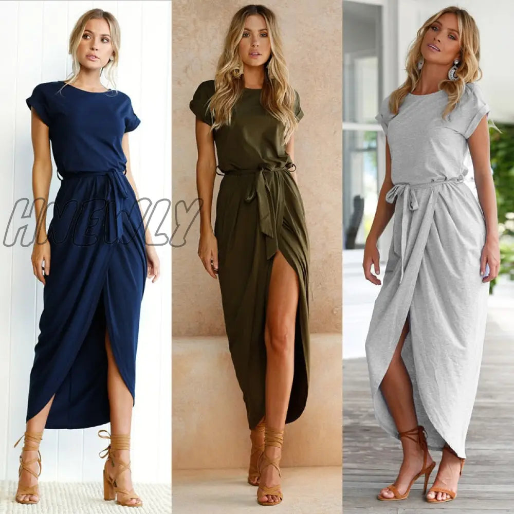 xsrrr New Sexy Women O-neck Short Sleeve Dresses Tunic Summer Beach Sun Casual Femme Vestidos Lady Clothing Dress