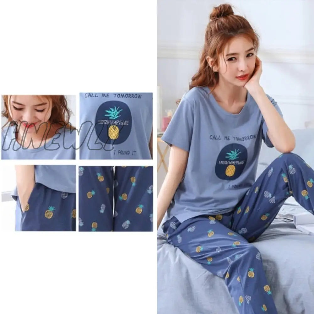 Hnewly New Sleepwear Cartoon Cotton Pajamas for Women Long Pants Short Sleeved Summer Spring Loungewear  Fashion Home Clothing Homewear