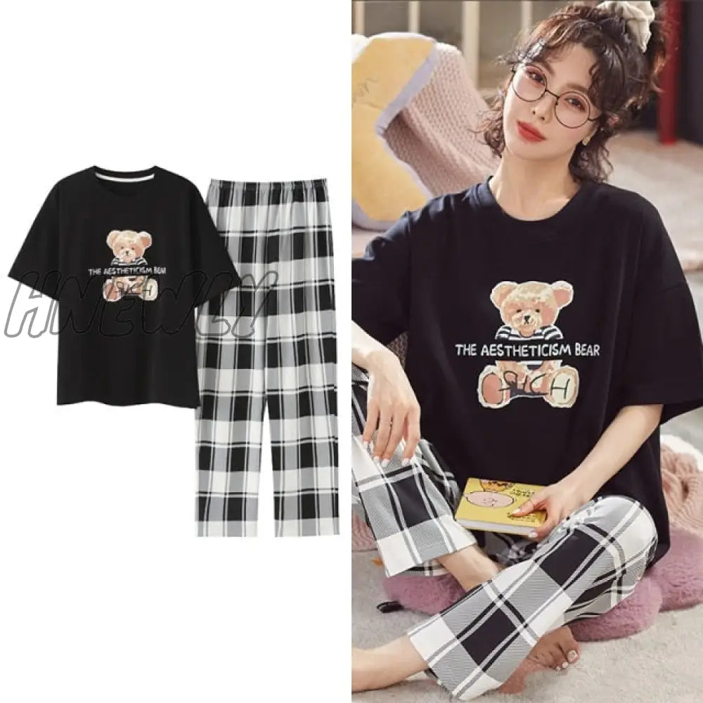 Hnewly New Sleepwear Cartoon Cotton Pajamas for Women Long Pants Short Sleeved Summer Spring Loungewear  Fashion Home Clothing Homewear