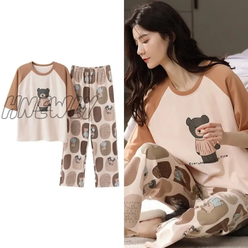 Hnewly New Sleepwear Cartoon Cotton Pajamas for Women Long Pants Short Sleeved Summer Spring Loungewear  Fashion Home Clothing Homewear