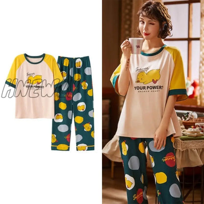 Hnewly New Sleepwear Cartoon Cotton Pajamas for Women Long Pants Short Sleeved Summer Spring Loungewear  Fashion Home Clothing Homewear