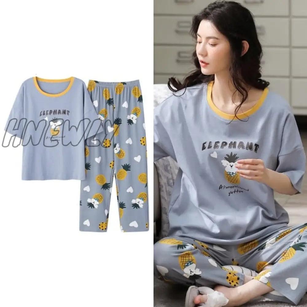 Hnewly New Sleepwear Cartoon Cotton Pajamas for Women Long Pants Short Sleeved Summer Spring Loungewear  Fashion Home Clothing Homewear