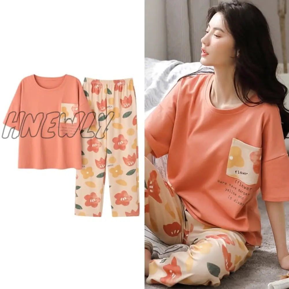 Hnewly New Sleepwear Cartoon Cotton Pajamas for Women Long Pants Short Sleeved Summer Spring Loungewear  Fashion Home Clothing Homewear