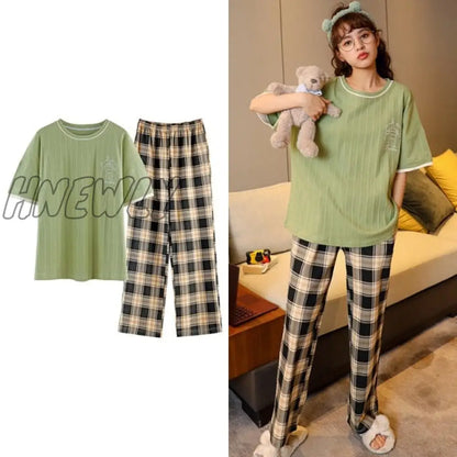 Hnewly New Sleepwear Cartoon Cotton Pajamas for Women Long Pants Short Sleeved Summer Spring Loungewear  Fashion Home Clothing Homewear