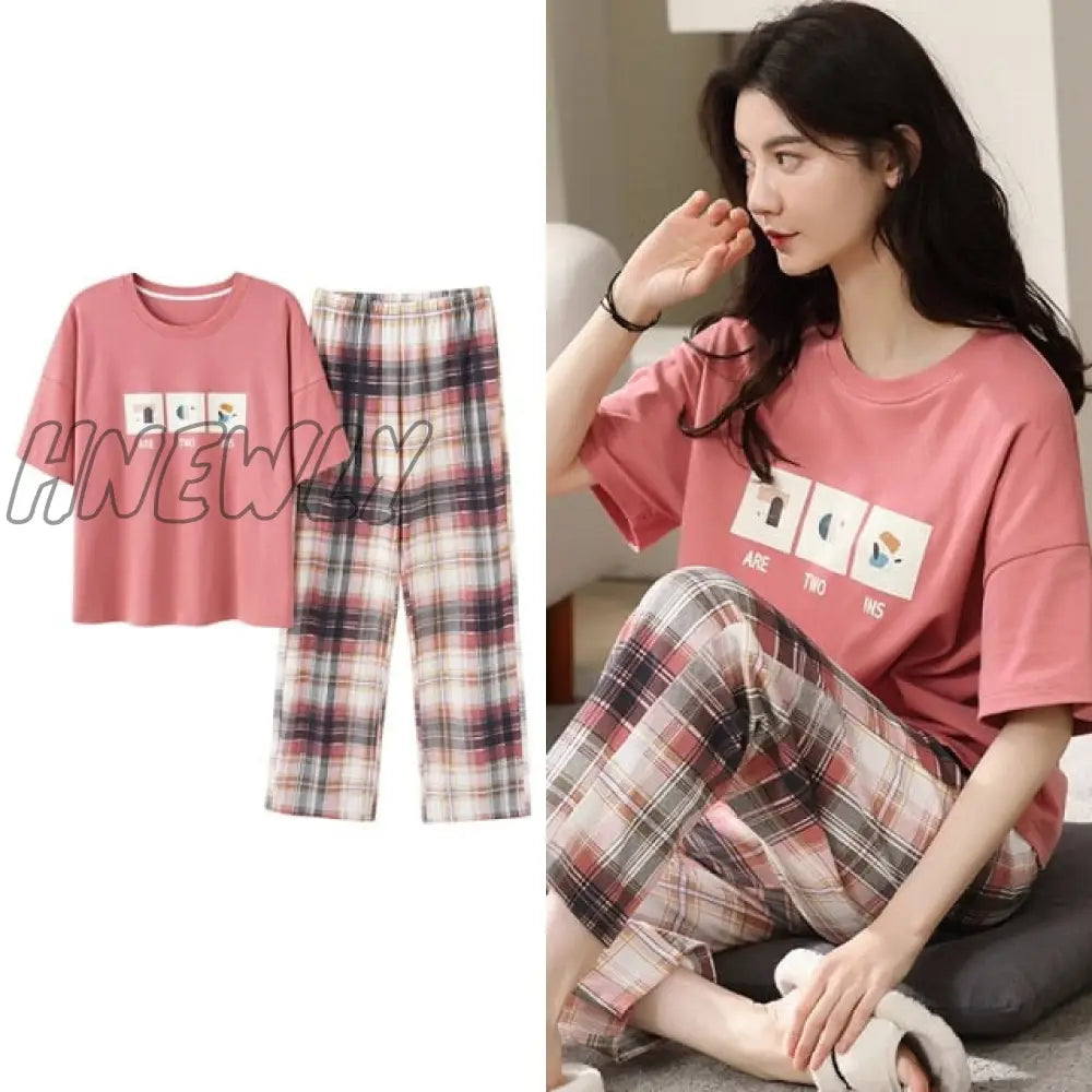 Hnewly New Sleepwear Cartoon Cotton Pajamas for Women Long Pants Short Sleeved Summer Spring Loungewear  Fashion Home Clothing Homewear