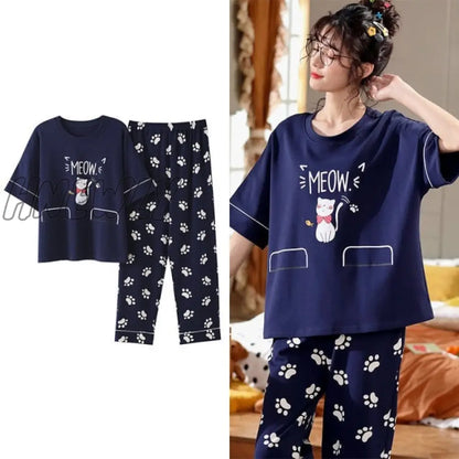 Hnewly New Sleepwear Cartoon Cotton Pajamas for Women Long Pants Short Sleeved Summer Spring Loungewear  Fashion Home Clothing Homewear