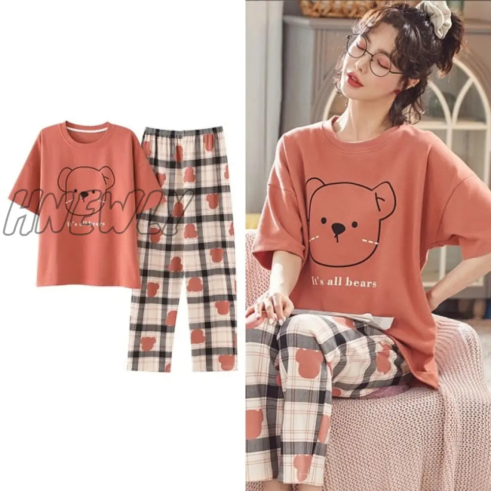 Hnewly New Sleepwear Cartoon Cotton Pajamas for Women Long Pants Short Sleeved Summer Spring Loungewear  Fashion Home Clothing Homewear