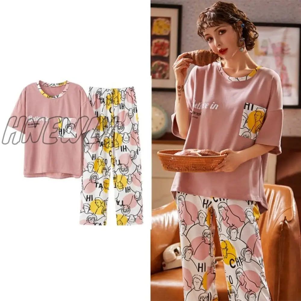 Hnewly New Sleepwear Cartoon Cotton Pajamas for Women Long Pants Short Sleeved Summer Spring Loungewear  Fashion Home Clothing Homewear