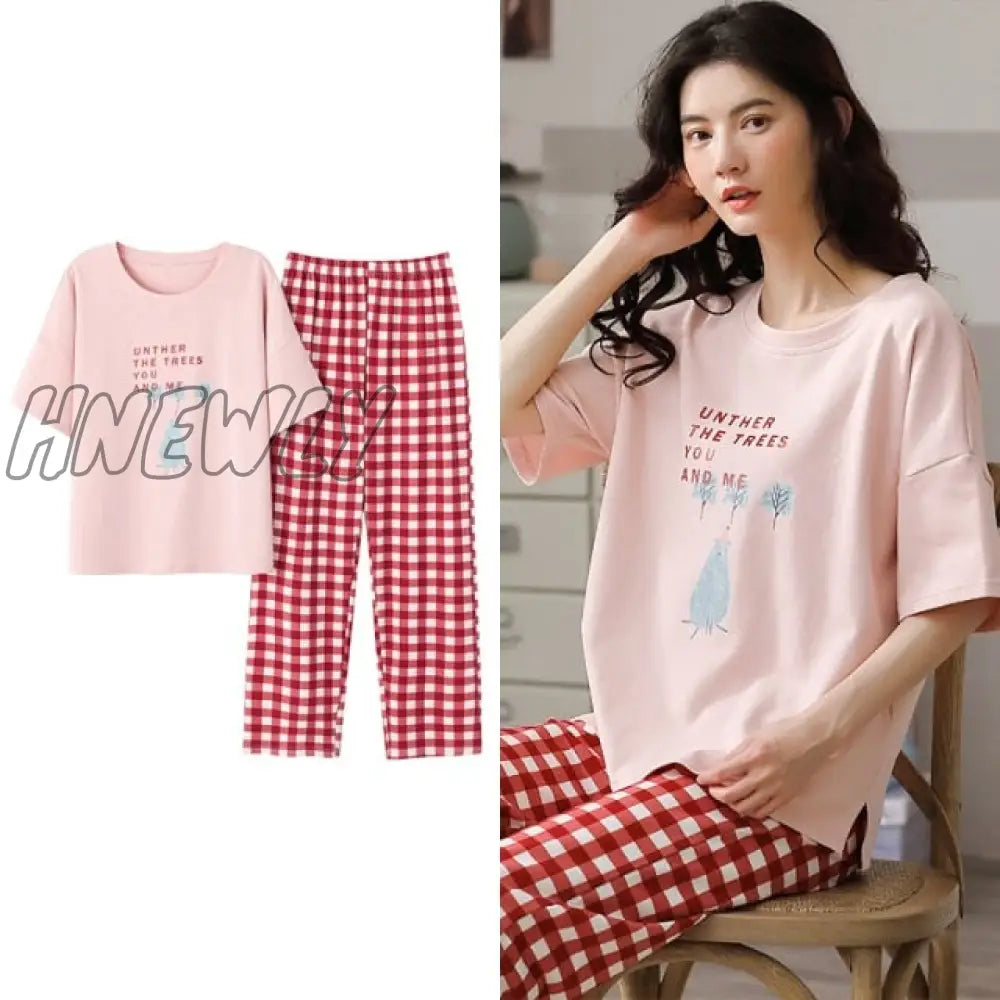 Hnewly New Sleepwear Cartoon Cotton Pajamas for Women Long Pants Short Sleeved Summer Spring Loungewear  Fashion Home Clothing Homewear