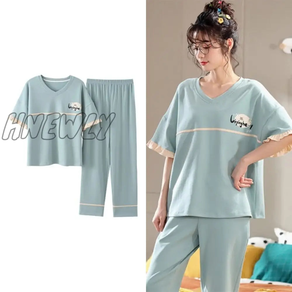 Hnewly New Sleepwear Cartoon Cotton Pajamas for Women Long Pants Short Sleeved Summer Spring Loungewear  Fashion Home Clothing Homewear