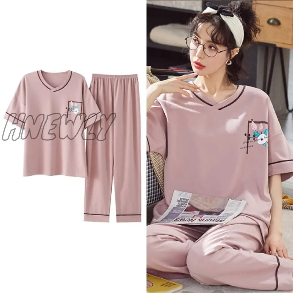 Hnewly New Sleepwear Cartoon Cotton Pajamas for Women Long Pants Short Sleeved Summer Spring Loungewear  Fashion Home Clothing Homewear