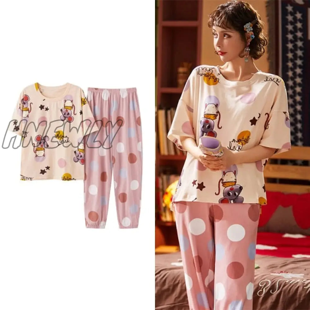 Hnewly New Sleepwear Cartoon Cotton Pajamas for Women Long Pants Short Sleeved Summer Spring Loungewear  Fashion Home Clothing Homewear