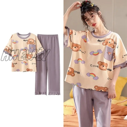 Hnewly New Sleepwear Cartoon Cotton Pajamas for Women Long Pants Short Sleeved Summer Spring Loungewear  Fashion Home Clothing Homewear