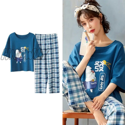 Hnewly New Sleepwear Cartoon Cotton Pajamas for Women Long Pants Short Sleeved Summer Spring Loungewear  Fashion Home Clothing Homewear