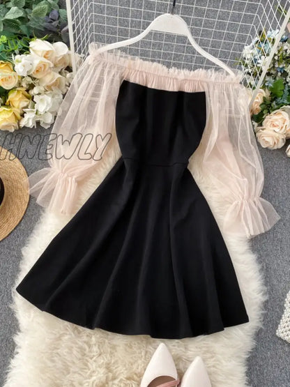 Hnewly New Spring Autumn Women Elegant Slash Neck Off Shoulder Tulle Patchwork Puff Sleeve High Waist Party Dresses