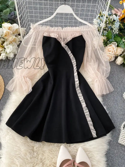 Hnewly New Spring Autumn Women Elegant Slash Neck Off Shoulder Tulle Patchwork Puff Sleeve High Waist Party Dresses