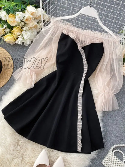 Hnewly New Spring Autumn Women Elegant Slash Neck Off Shoulder Tulle Patchwork Puff Sleeve High Waist Party Dresses