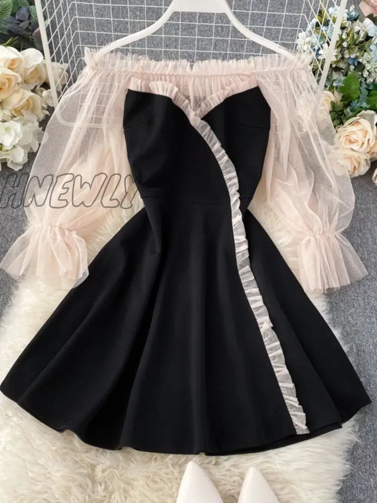 Hnewly New Spring Autumn Women Elegant Slash Neck Off Shoulder Tulle Patchwork Puff Sleeve High Waist Party Dresses