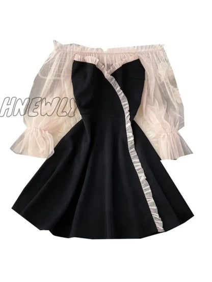 Hnewly New Spring Autumn Women Elegant Slash Neck Off Shoulder Tulle Patchwork Puff Sleeve High Waist Party Dresses