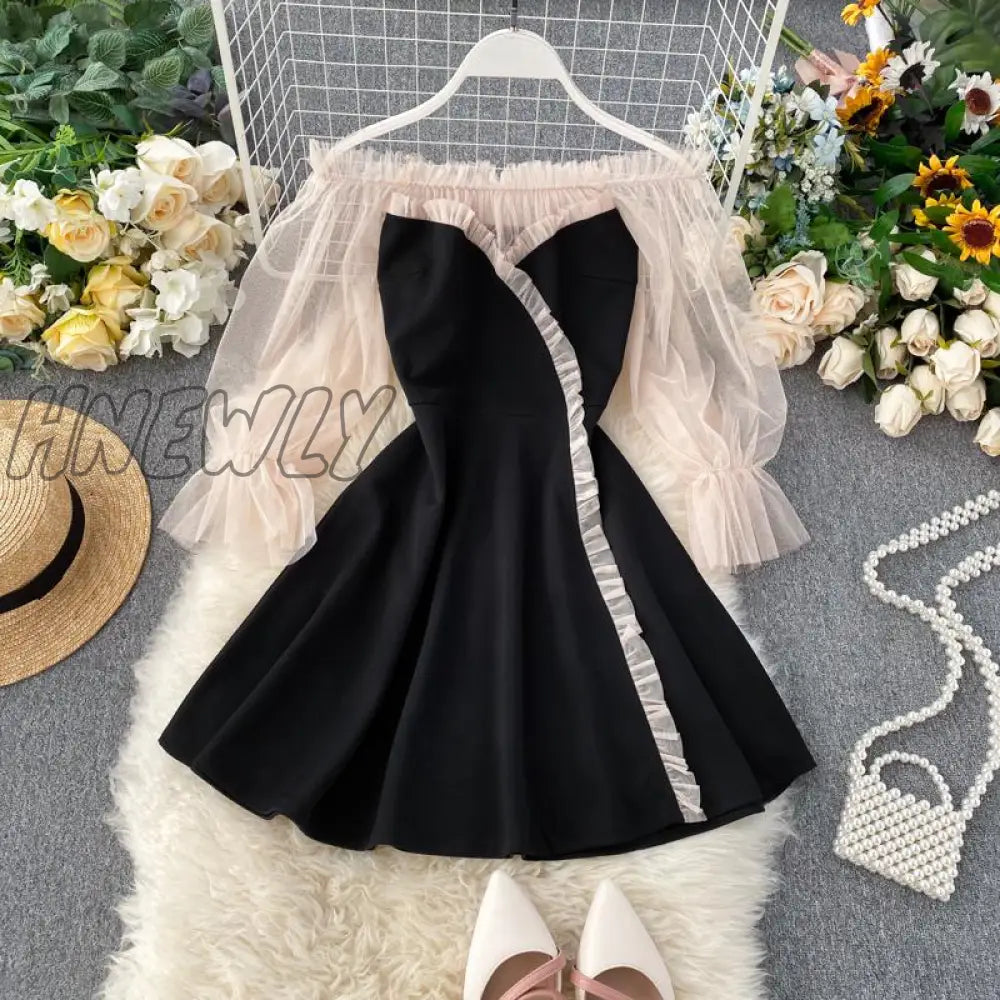 Hnewly New Spring Autumn Women Elegant Slash Neck Off Shoulder Tulle Patchwork Puff Sleeve High Waist Party Dresses