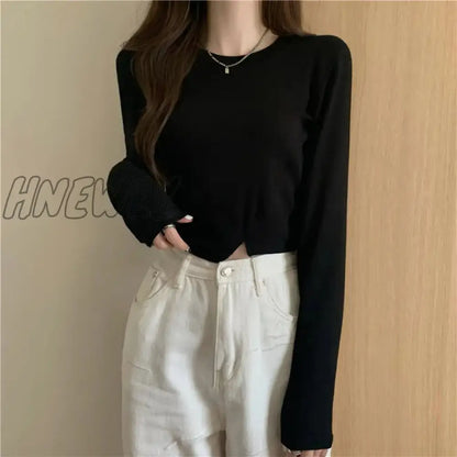 xsrrr New Spring Fashion Y2K T-shirt Woman Vintage Long Sleeve Tee Shirt Femme Basic Solid Crop Top Women Solid Sexy Clothes Tshirt