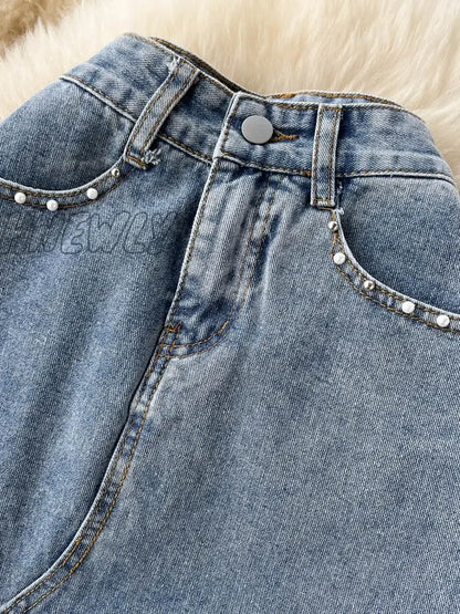 Hnewly New Spring Summer Beading Split Denim Skirts Women Fashion High Waist A-line Irregular Jeans Skirts Slim Blue Skirt