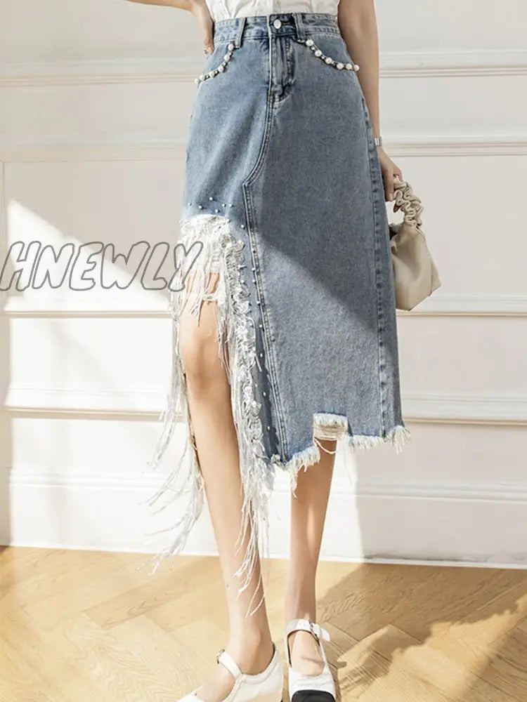 Hnewly New Spring Summer Beading Split Denim Skirts Women Fashion High Waist A-line Irregular Jeans Skirts Slim Blue Skirt