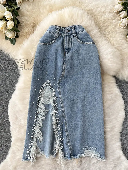 Hnewly New Spring Summer Beading Split Denim Skirts Women Fashion High Waist A-line Irregular Jeans Skirts Slim Blue Skirt