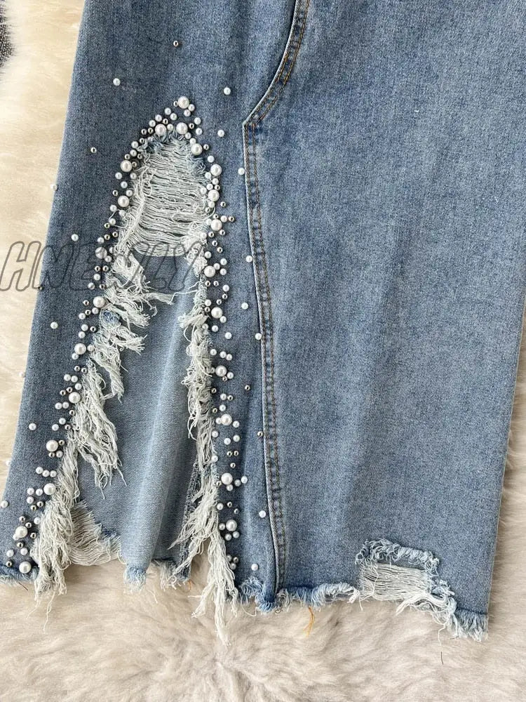 Hnewly New Spring Summer Beading Split Denim Skirts Women Fashion High Waist A-line Irregular Jeans Skirts Slim Blue Skirt