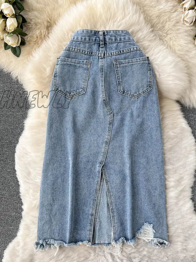 Hnewly New Spring Summer Beading Split Denim Skirts Women Fashion High Waist A-line Irregular Jeans Skirts Slim Blue Skirt